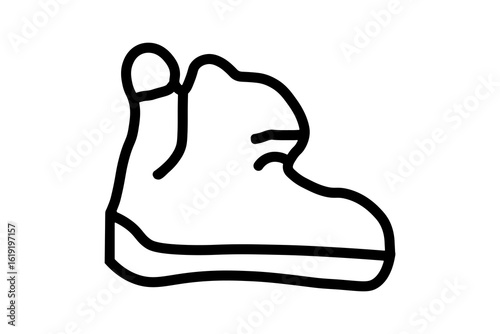 The image is a simple, black-and-white line art illustration of a hiking boot or rugged shoe. The boot has a distinct sole with a visible line along its length