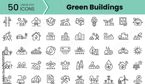A collection of minimalist black and white icons depicting green buildings, renewable energy sources, and eco-friendly practices, designed for environmental themes.