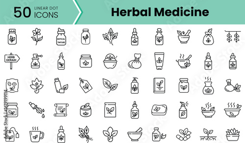 A collection of 50 linear icons representing herbal medicine. Ideal for wellness and natural health themes, featuring various plants, remedies, and bottles.