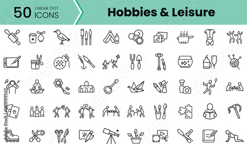 A collection of 50 linear icons representing various hobbies and leisure activities, including gardening, crafting, dancing, and more in a minimalist style.