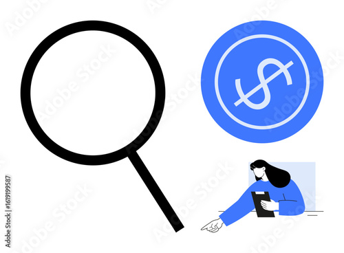 Magnifying glass emphasizes financial exploration. Dollar icon and analyst taking notes highlight money management and research. Ideal for finance, analysis, investment, strategy, search, education