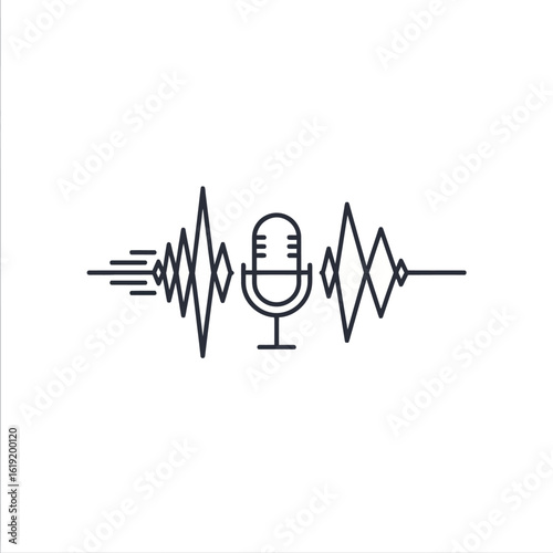 Minimalist line art icon of a vintage studio microphone integrated within a sharp, geometric audio sound wave.
