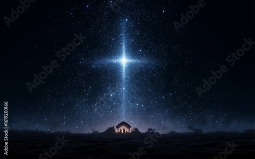Divine Presence Above: Glowing Star Cross Illuminating a Sacred Nativity Scene 