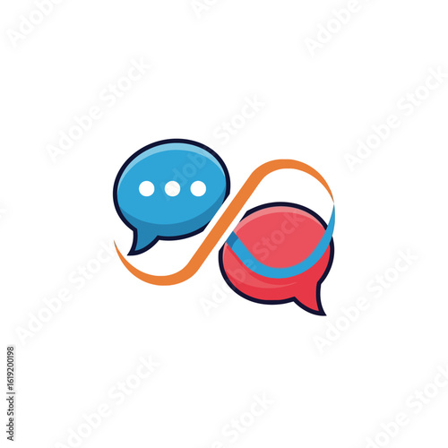 Modern chat icon with two colorful dialogue bubbles, blue and red, wrapped in a continuous orange infinity loop.
