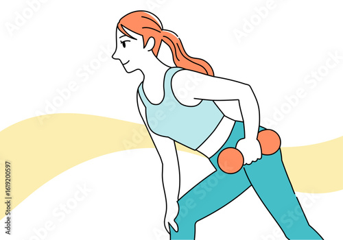 Vector line drawing of woman exercising with dumbbells – positive and active lifestyle concept