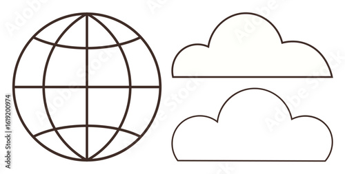Globe with meridian lines alongside two cloud outlines, symbolizing global networks, cloud technology, online interaction, storage, environment, data sharing, and connectivity in a simple flat
