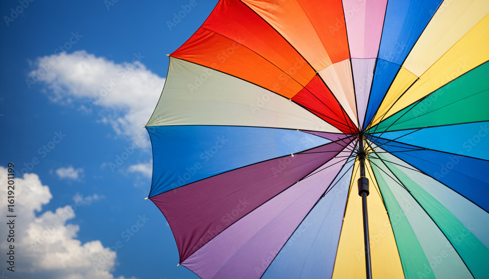 Obraz premium a vibrant, colorful rainbow umbrella open against a bright blue summer sky with white clouds