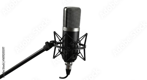 Professional studio condenser microphone on a stand for audio recording isolated PNG with Transparent Background