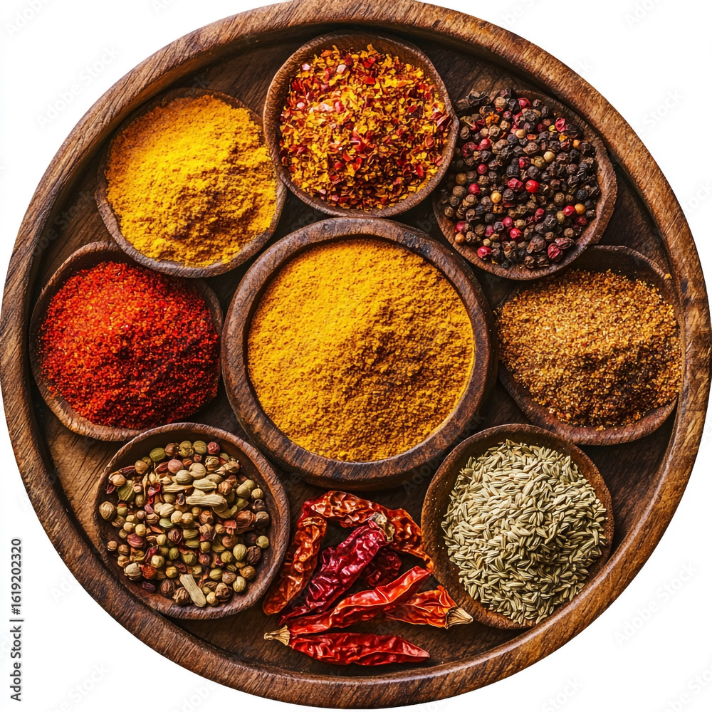 Fototapeta premium Assortment of colorful spices in wooden bowls on a round tray spice assortment spice collection