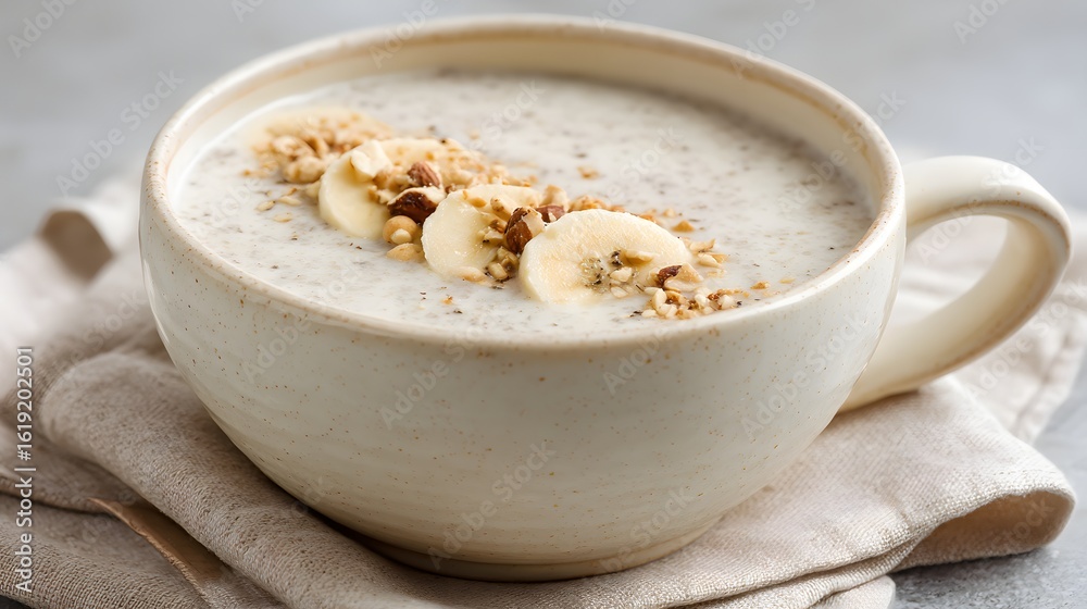 Creamy breakfast bowl with banana slices and nuts. Creamy breakfast bowl with banana slices and nuts.