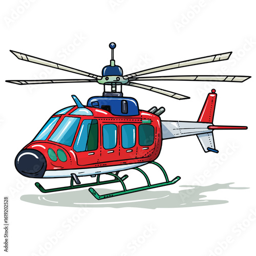 Cartoon Red and White Helicopter with Green Landing Skids and Shadow