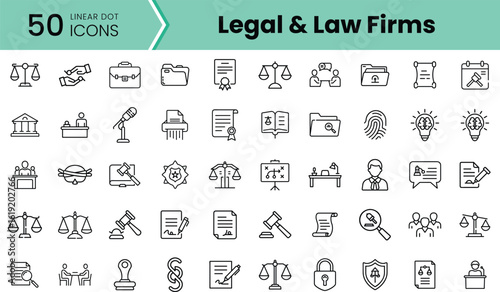 A collection of 50 linear icons representing various elements of legal and law firm themes, showcasing tools, documents, and symbols integral to the legal profession.