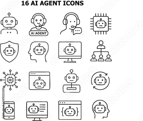 An array of sixteen distinct AI agent icons showcasing the versatility of artificial intelligence in various settings and applications. Each icon represents a unique aspect of AI technology.