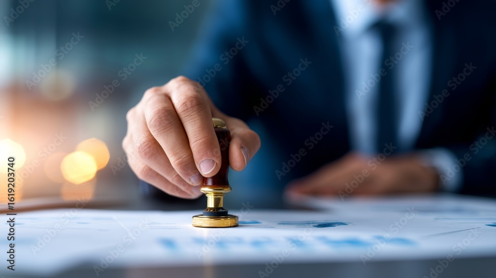 Fototapeta premium Notary Stamping Financial Documents for Validity Verification - Professional Notarization Concept with Copy Space for Text