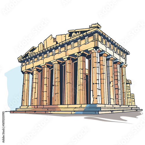Cartoon illustration of the Parthenon with visible damage and shadow