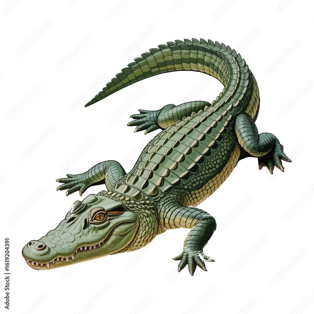 Fototapeta premium A detailed illustration of a green alligator with its tail curved upwards against a white background