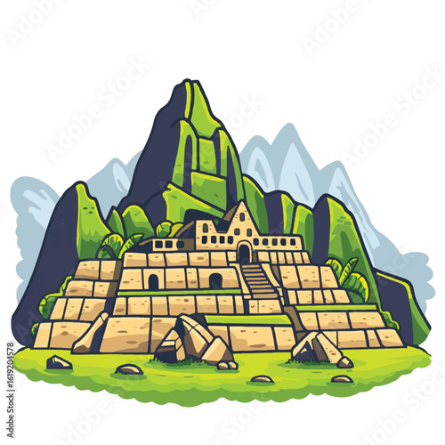 Cartoon Machu Picchu with Terraced Stone Structures and Mountain Backdrop