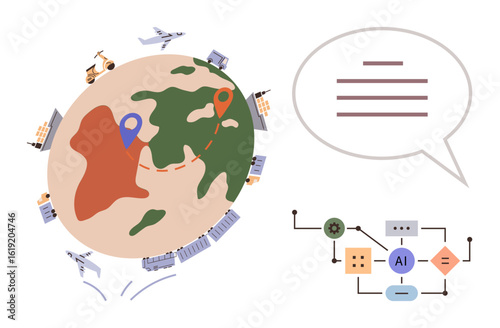 Globe with transport modes encircling, location marker, AI flowchart, and speech bubble. Ideal for global trade, logistics, technology, automation connectivity smart systems innovation. Simple
