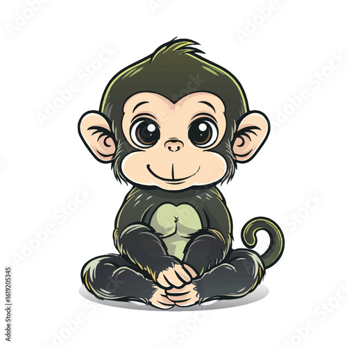 Cartoon monkey sitting with crossed hands big eyes and a curly tail