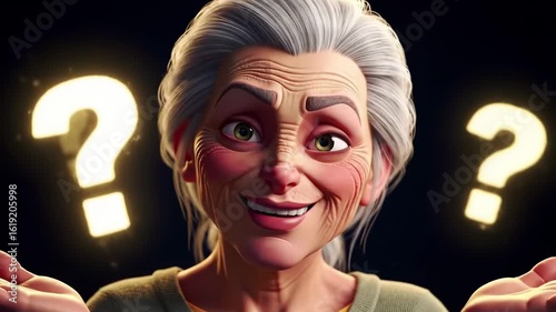 Animated elderly woman with question marks