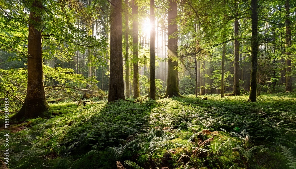 Obraz premium lush green forest photo depicting sunlight through trees and green leaves