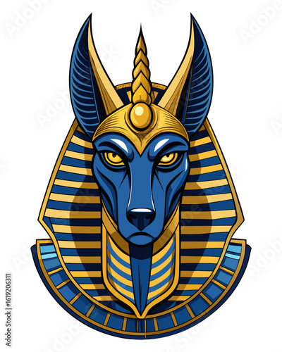 Intricate depiction of Anubis, Egyptian god of the afterlife, with iconic jackal head and ornate headdress