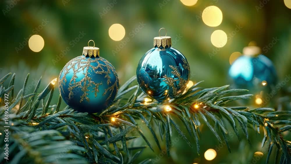 Decorative holiday ornaments on branches with golden lights in background