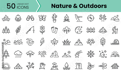 A diverse collection of 50 linear icons representing nature and outdoor activities, featuring trees, mountains, wildlife, and various outdoor elements.