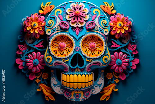 Catrin skull decorated with multicolored flowers, symbol of Mexican culture and Day of the Dead tradition, illustration