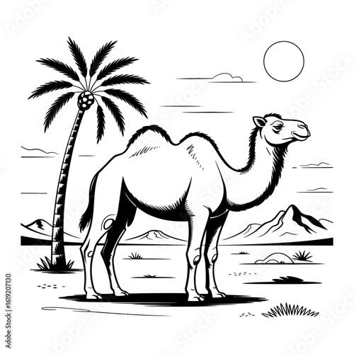 A single dromedary camel stands tall in a desert landscape with a palm tree and sun