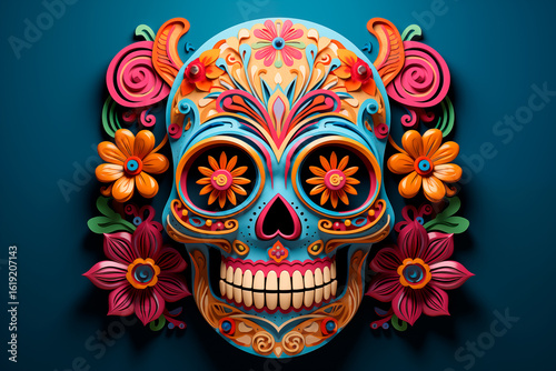 Catrin skull decorated with multicolored flowers, symbol of Mexican culture and Day of the Dead tradition, illustration