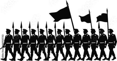 Military parade silhouette vector composition with military march and flags clipart elements