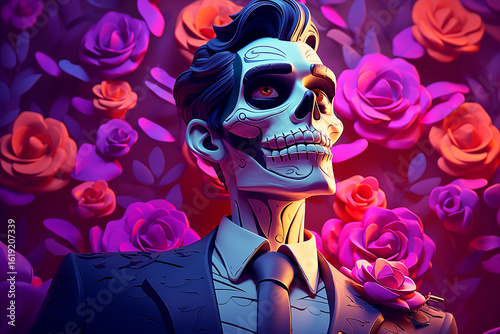 Catrin in an elegant suit with flowers in the background, concept of Mexican celebration, cultural tradition and Day of the Dead, illustration
