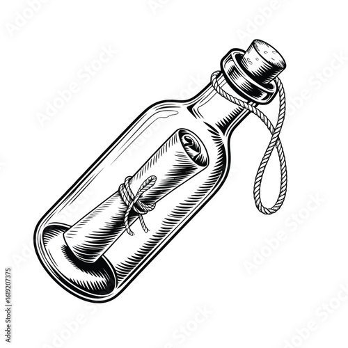 Vintage hand drawn sketch of a message in a bottle with a cork stopper and rope detail