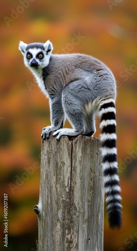Ring-tailed lemur perched on weathered wood post, gazing intently with striking eyes and striped tail