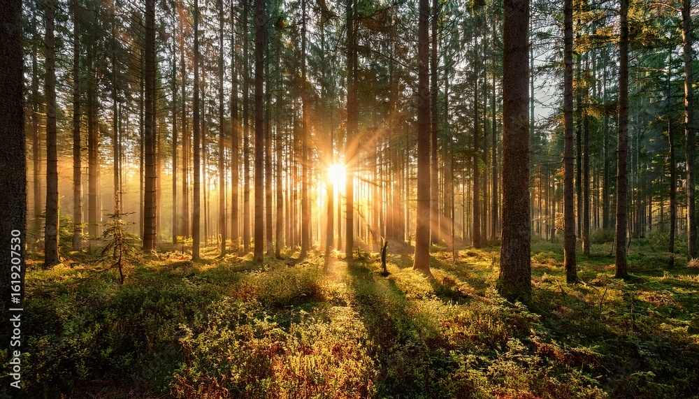 Obraz premium radiant sunrise casts a golden glow through the dense forest illuminating the majestic trees in magical light