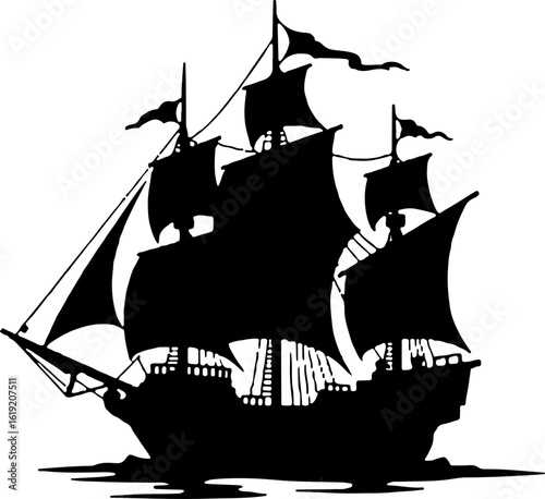 pirate ship vector illustration, vector, silhouette, ship, illustration, sea, sail, boat, black, travel, ocean, helicopter, silhouettes, sailboat, airplane, air, symbol, cartoon, transport, flying, de