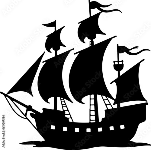 pirate ship vector illustration, vector, silhouette, ship, illustration, sea, sail, boat, black, travel, ocean, helicopter, silhouettes, sailboat, airplane, air, symbol, cartoon, transport, flying, de