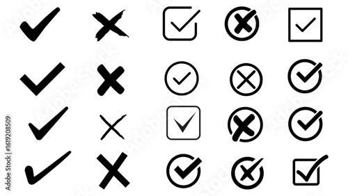 Check marks doodle set. Vote, yes, no, checkbox, checklist, tick and cross signs, v and x drawn concept. Hand drawn doodle sketch style vector illustration