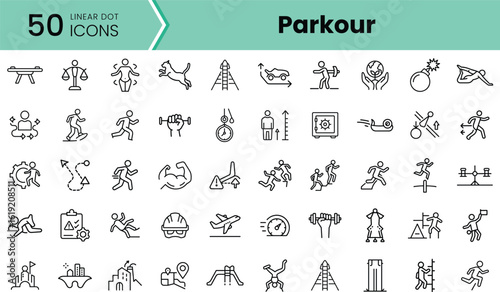 A collection of 50 linear dot icons representing parkour activities and elements, showcasing athleticism and agility.