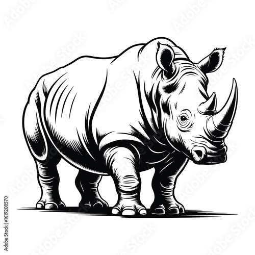 Detailed black and white sketch of a powerful rhinoceros standing on a white background