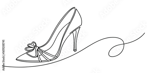 Elegant high heeled shoe rendered as a continuous single line art drawing showcasing a minimalist and sophisticated fashion accessory