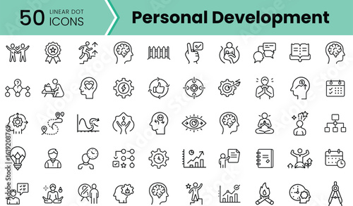 A collection of 50 linear icons representing personal development concepts, featuring symbols related to growth, learning, mindset, and mindfulness.