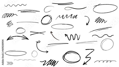 Black pencil hand drawn various oval, chalked arrows, check marks. Vector doodle marker drawing. Hand drawn charcoal symbols for diagrams. Freehand grunge red strikethrough and underline elements