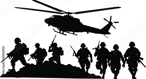 Soldiers helicopter silhouette vector illustration clipart army military aviation design