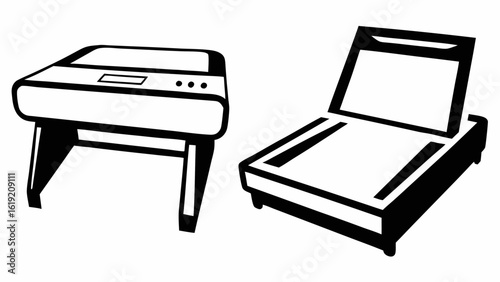 Illustration of two scanners one closed and one open showing the scanning bed in black and white style silhouette