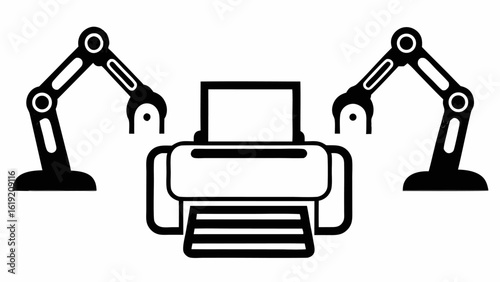 Automated printer assembly line featuring robotic arms assisting with the printing process in monochrome silhouette