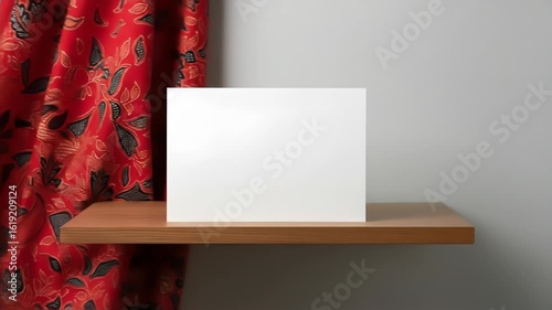 Wooden shelf supporting a white card with red fabric featuring black and white patterns as background in front of gray wall