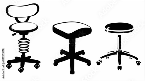 Three different styles of rolling stools with varying designs and features in a black and white image silhouette
