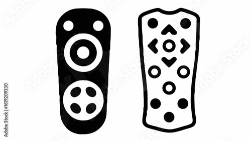 Two remote controls with different button layouts displayed in a black and white illustration style silhouette